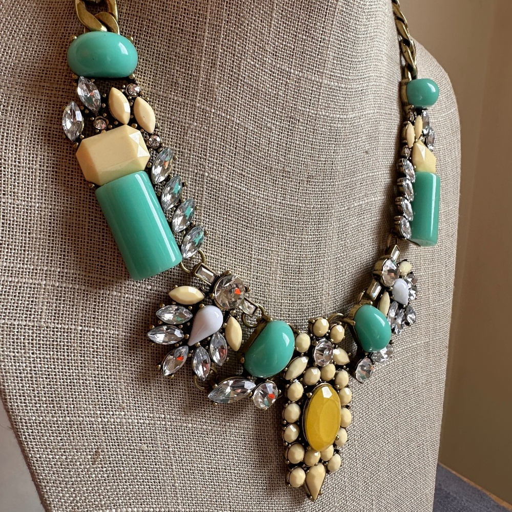 Vintage Statement Necklace Chucky Aqua, Rhinestone, Yellow Beads Sunburst
